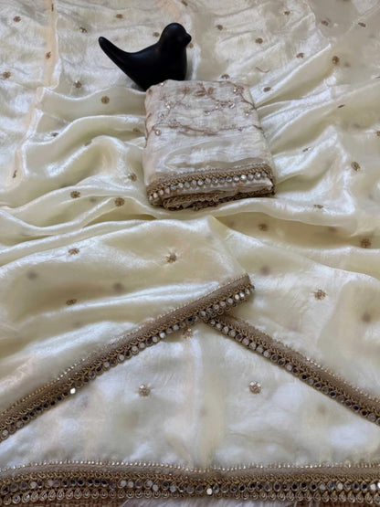White Fendy Satin Saree with Heavy Embroidered Blouse | Mirror Work & Gota Patti Designer Saree