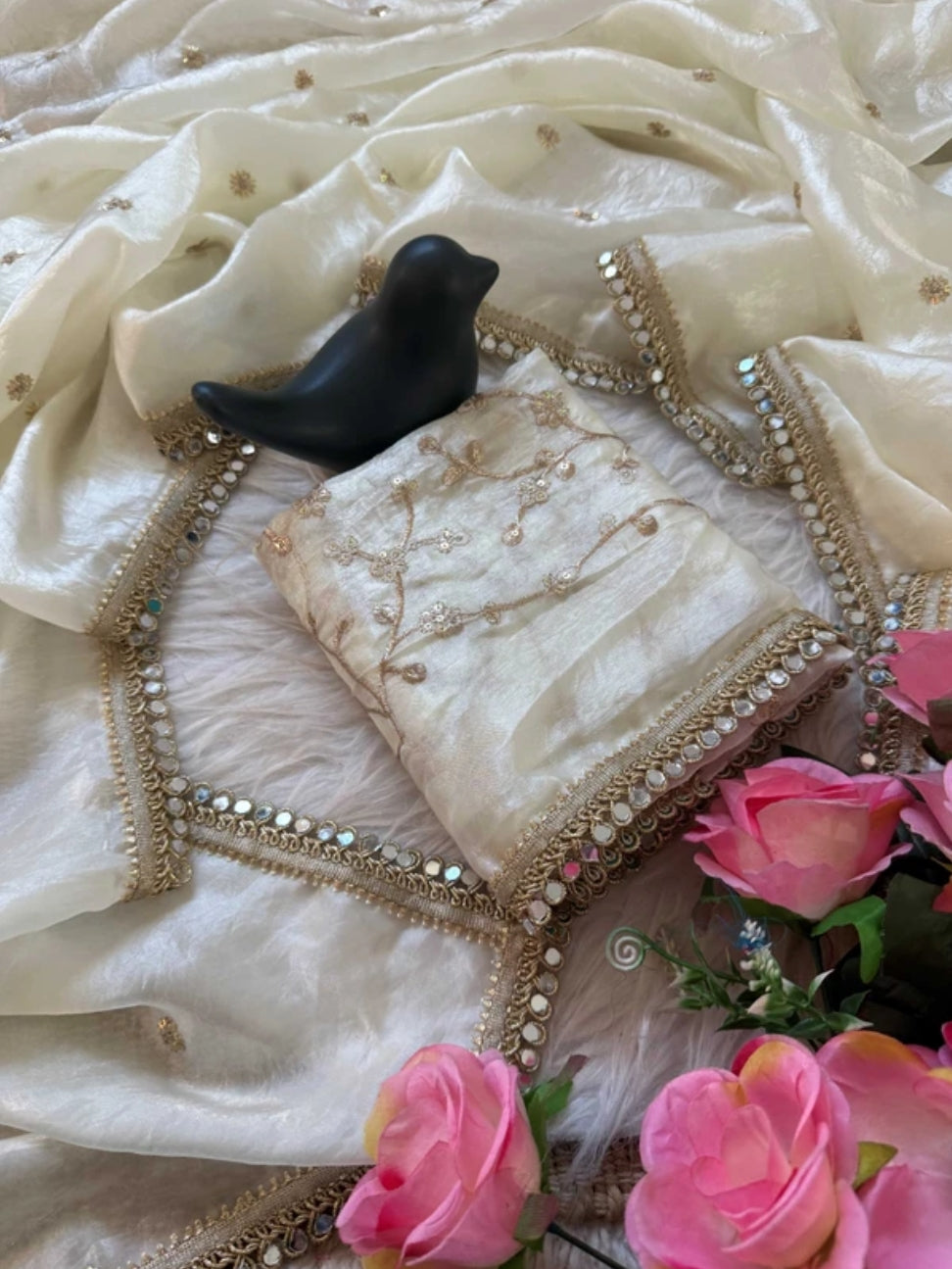 White Fendy Satin Saree with Heavy Embroidered Blouse | Mirror Work & Gota Patti Designer Saree