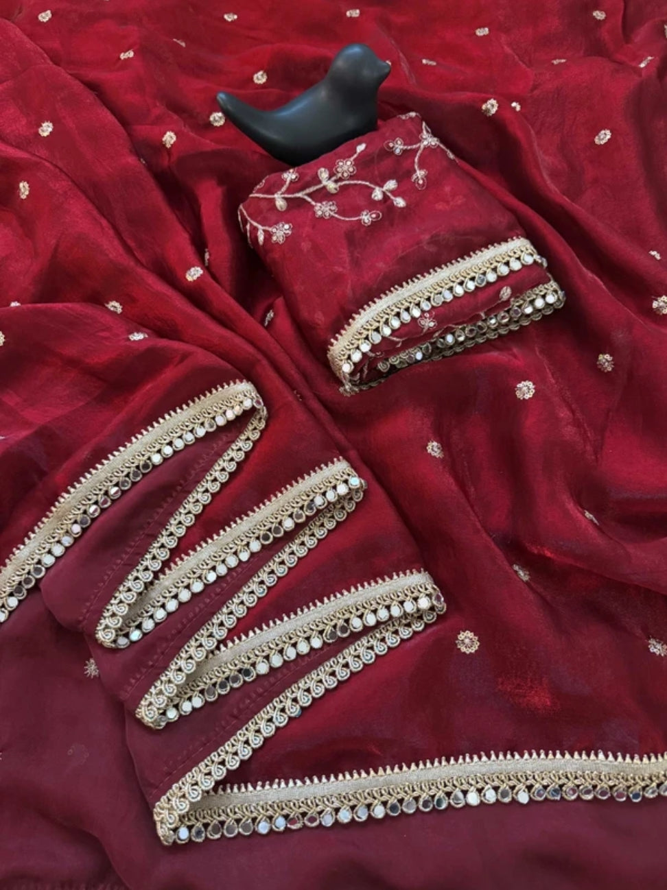 Maroon Fendy Satin Saree with Heavy Embroidered Blouse | Mirror Work & Gota Patti Designer Saree