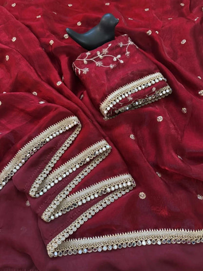 Maroon Fendy Satin Saree with Heavy Embroidered Blouse | Mirror Work & Gota Patti Designer Saree