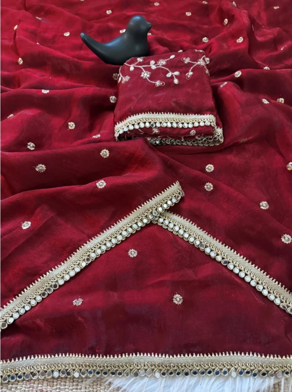 Maroon Fendy Satin Saree with Heavy Embroidered Blouse | Mirror Work & Gota Patti Designer Saree