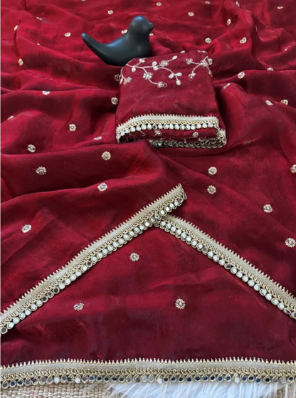 Maroon Fendy Satin Saree with Heavy Embroidered Blouse | Mirror Work & Gota Patti Designer Saree