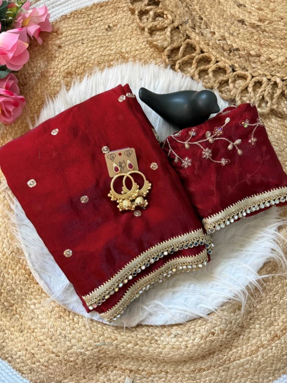 Maroon Fendy Satin Saree with Heavy Embroidered Blouse | Mirror Work & Gota Patti Designer Saree