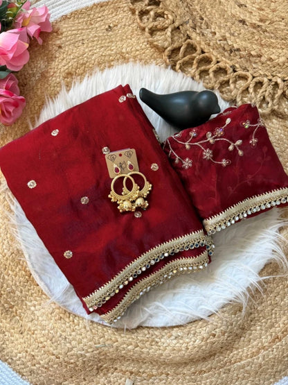 Maroon Fendy Satin Saree with Heavy Embroidered Blouse | Mirror Work & Gota Patti Designer Saree