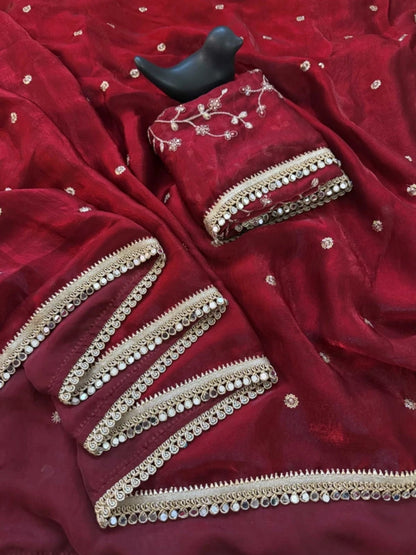 Maroon Fendy Satin Saree with Heavy Embroidered Blouse | Mirror Work & Gota Patti Designer Saree