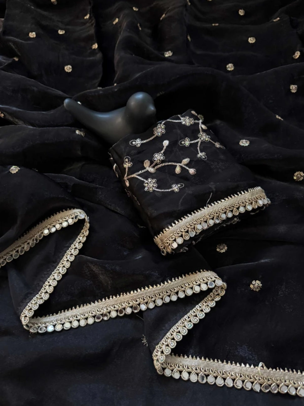 Black Fendy Satin Saree with Heavy Embroidered Blouse | Mirror Work & Gota Patti Designer Saree
