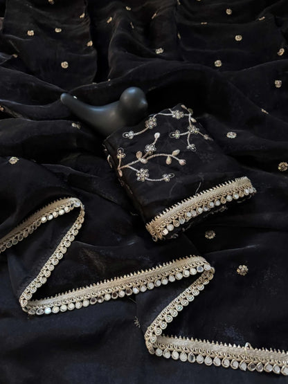 Black Fendy Satin Saree with Heavy Embroidered Blouse | Mirror Work & Gota Patti Designer Saree