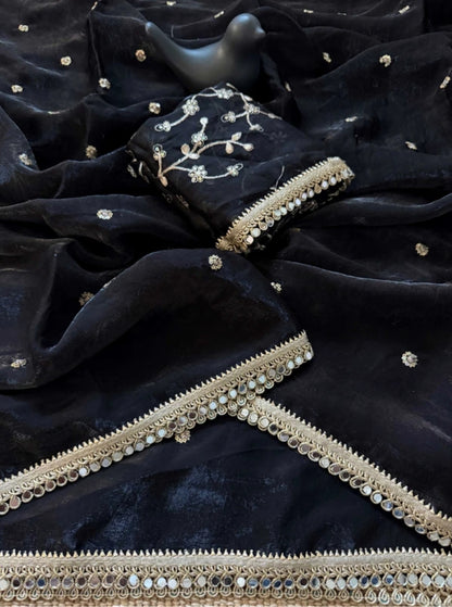 Black Fendy Satin Saree with Heavy Embroidered Blouse | Mirror Work & Gota Patti Designer Saree