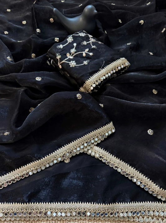 Black Fendy Satin Saree with Heavy Embroidered Blouse | Mirror Work & Gota Patti Designer Saree