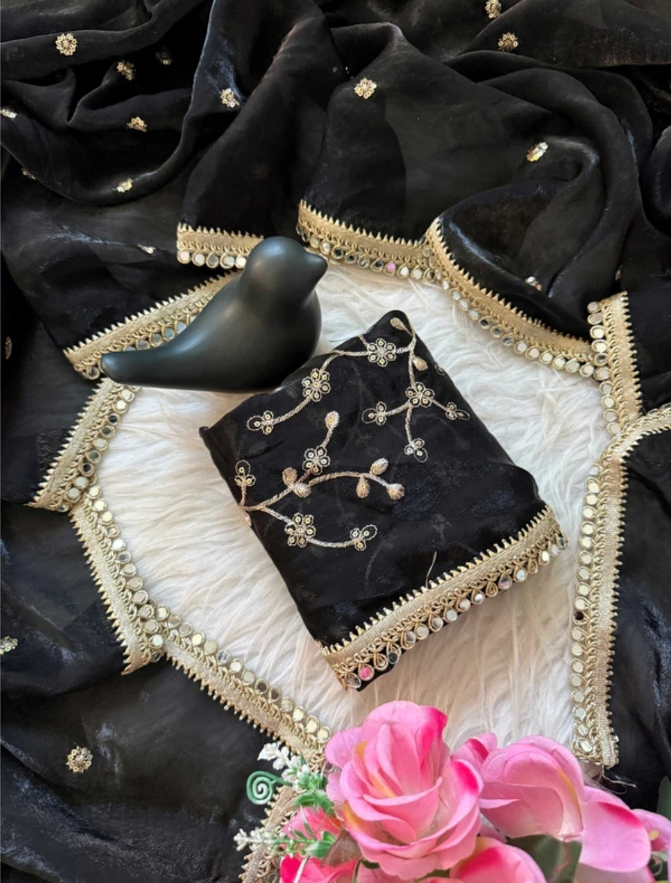Black Fendy Satin Saree with Heavy Embroidered Blouse | Mirror Work & Gota Patti Designer Saree