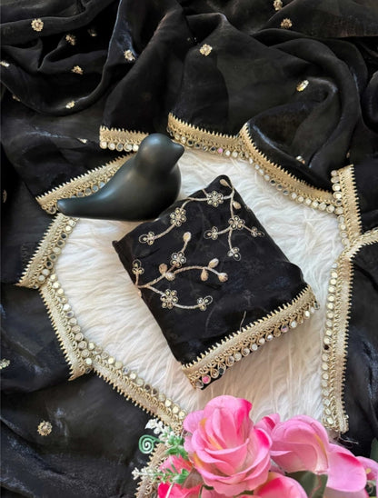 Black Fendy Satin Saree with Heavy Embroidered Blouse | Mirror Work & Gota Patti Designer Saree
