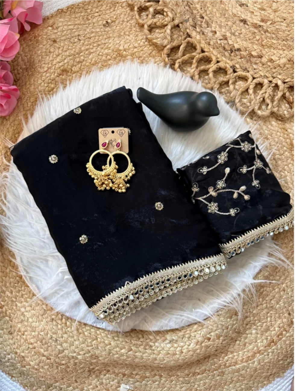Black Fendy Satin Saree with Heavy Embroidered Blouse | Mirror Work & Gota Patti Designer Saree