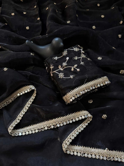 Black Fendy Satin Saree with Heavy Embroidered Blouse | Mirror Work & Gota Patti Designer Saree