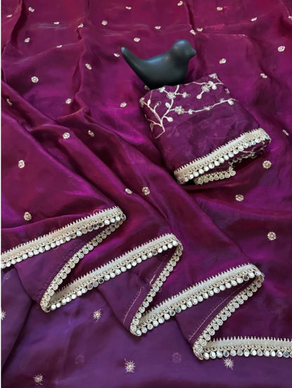 Purple Fendy Satin Saree with Heavy Embroidered Blouse | Mirror Work & Gota Patti Designer Saree