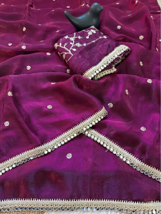 Purple Fendy Satin Saree with Heavy Embroidered Blouse | Mirror Work & Gota Patti Designer Saree