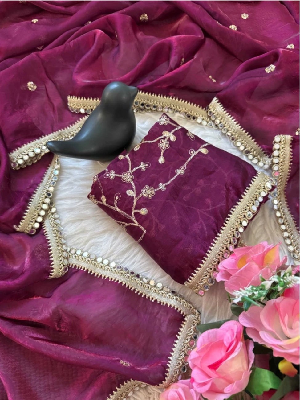 Purple Fendy Satin Saree with Heavy Embroidered Blouse | Mirror Work & Gota Patti Designer Saree