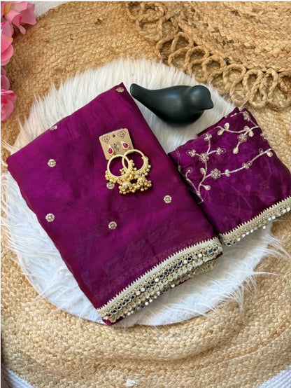 Purple Fendy Satin Saree with Heavy Embroidered Blouse | Mirror Work & Gota Patti Designer Saree