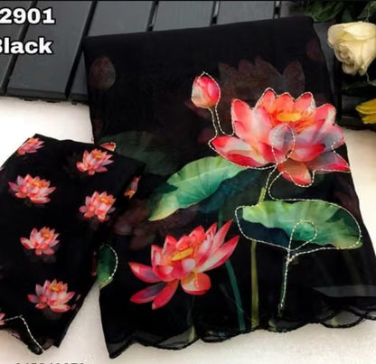 Black Lotus Floral Embroidered Saree | Designer Flower Embroidery Printed Saree for Women | Party & Festive Wear