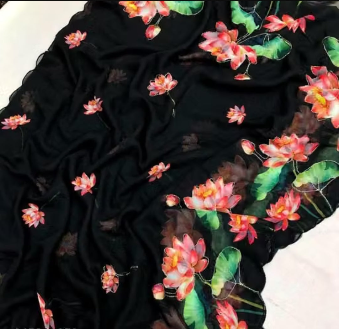 Black Lotus Floral Embroidered Saree | Designer Flower Embroidery Printed Saree for Women | Party & Festive Wear