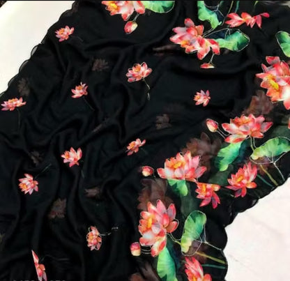 Black Lotus Floral Embroidered Saree | Designer Flower Embroidery Printed Saree for Women | Party & Festive Wear