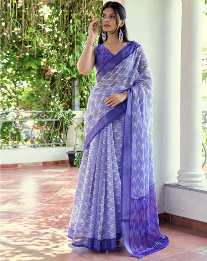 Blue Linen Ikkat Printed Saree