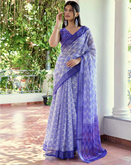 Blue Linen Ikkat Printed Saree