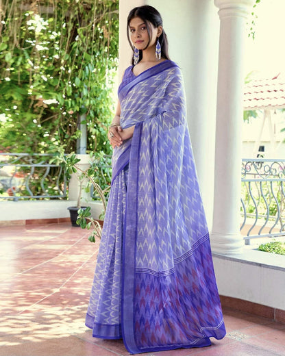 Blue Linen Ikkat Printed Saree