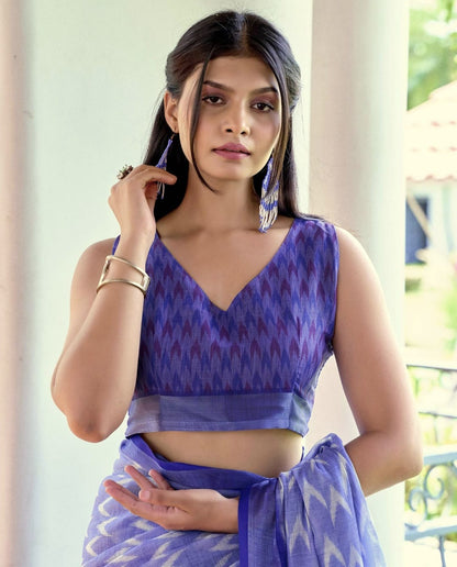 Blue Linen Ikkat Printed Saree