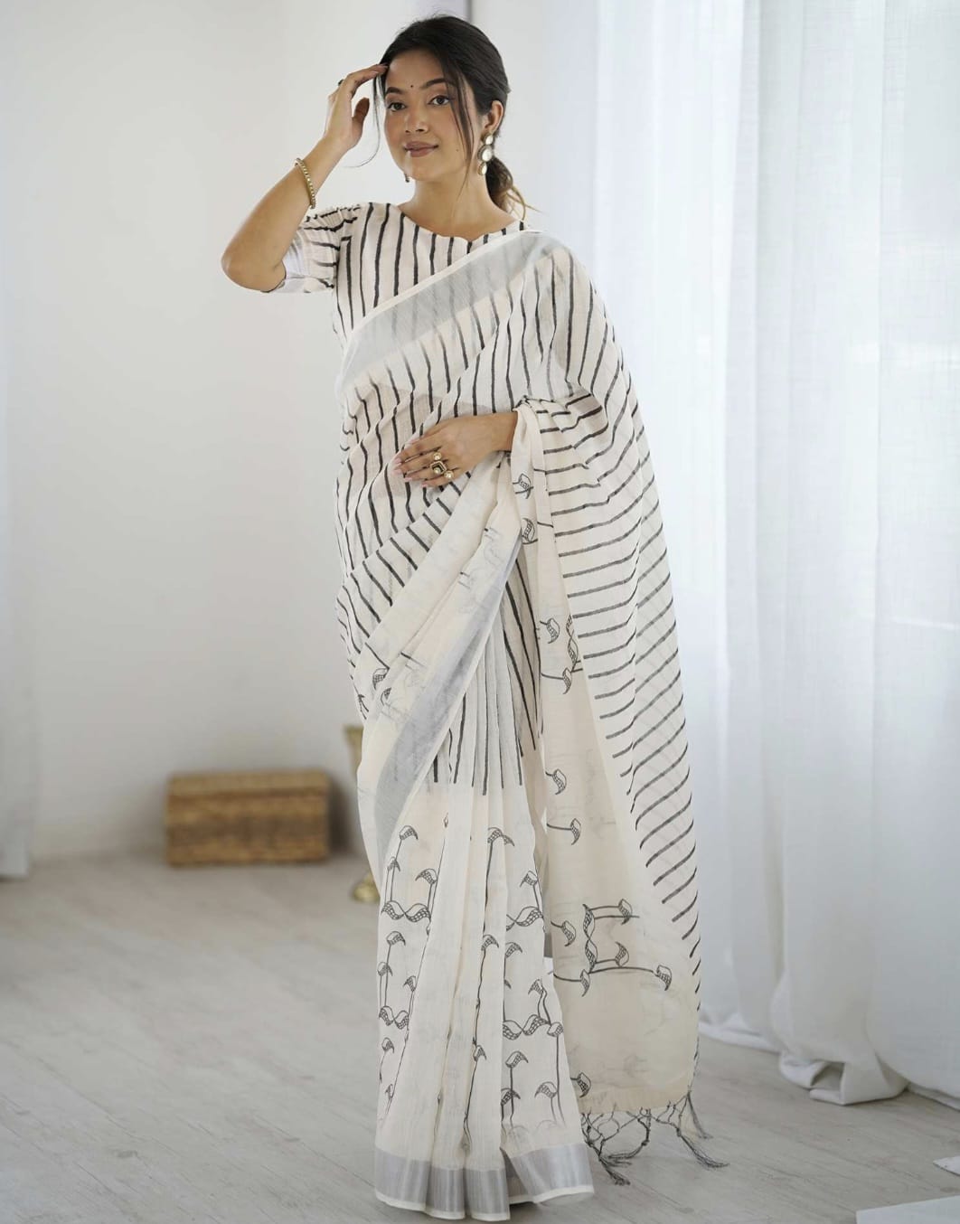 Off White Linen Printed Saree