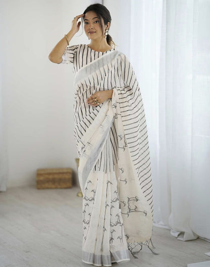 Off White Linen Printed Saree
