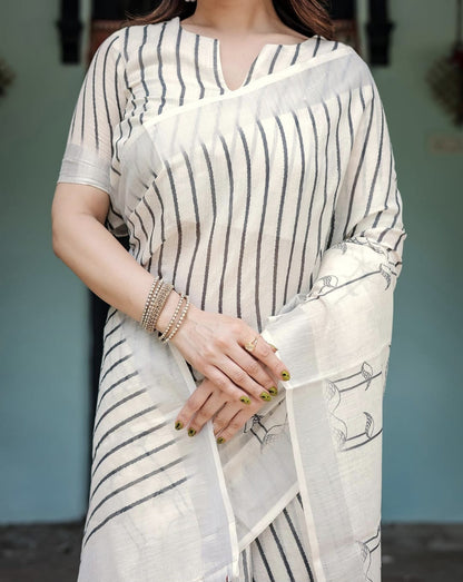 Off White Linen Printed Saree