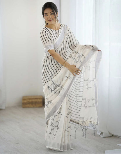 Off White Linen Printed Saree