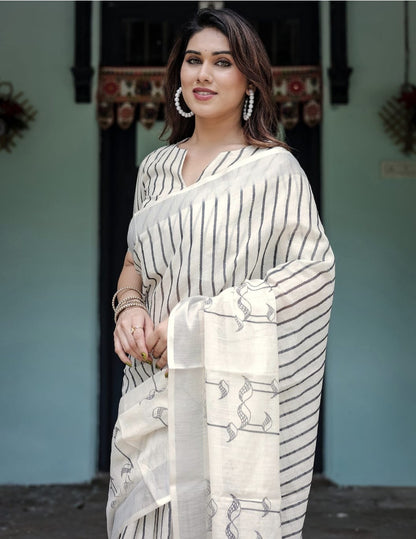 Off White Linen Printed Saree