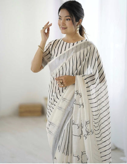 Off White Linen Printed Saree